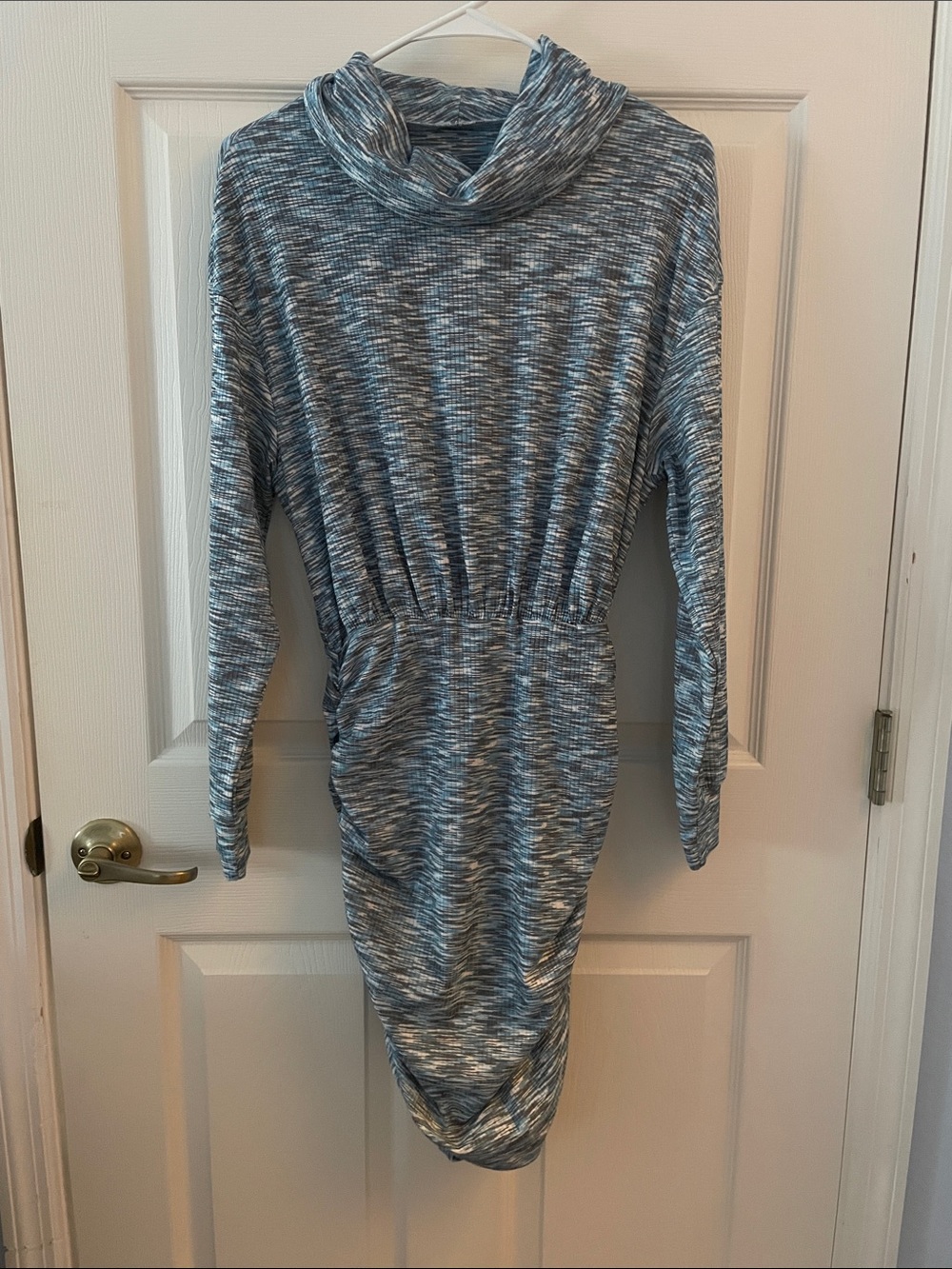 Heathered Blue Gray Long-Sleeve Cowl Neck Dress, S